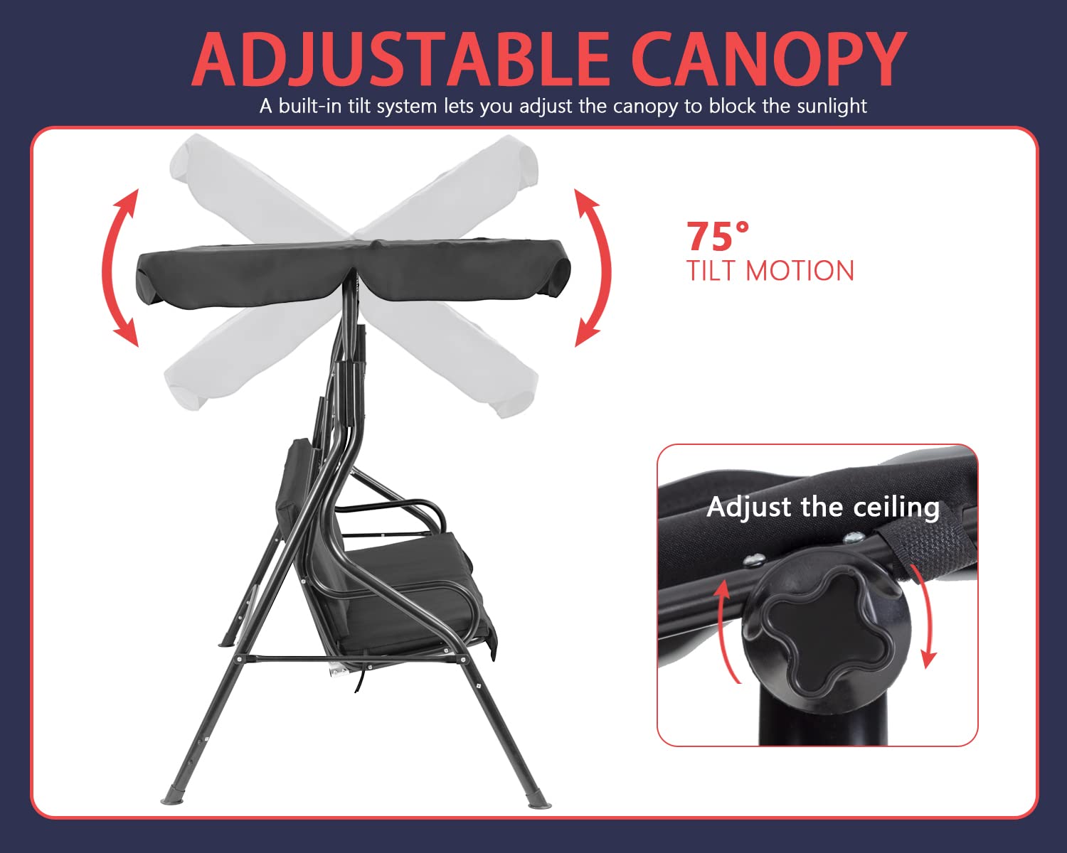 Patio Swing With Canopy Backyard Swing Outdoor Swing Chair With Adjustable Tilt Canopy Removable Cushions Stable Frame Comfortable Armrests For Patio Outdoor Backyard Garden Black